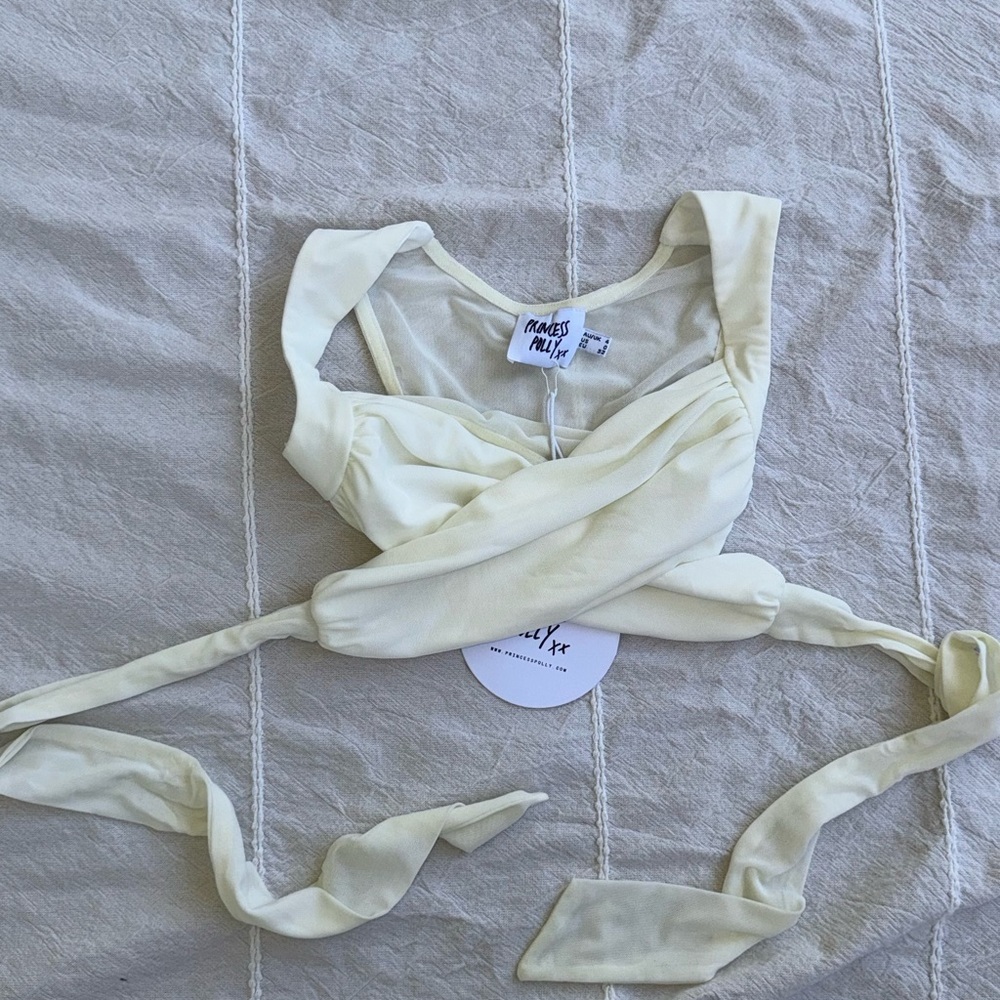 Princess Polly Cream Wrap Tie Front Sleeveless Crop Top